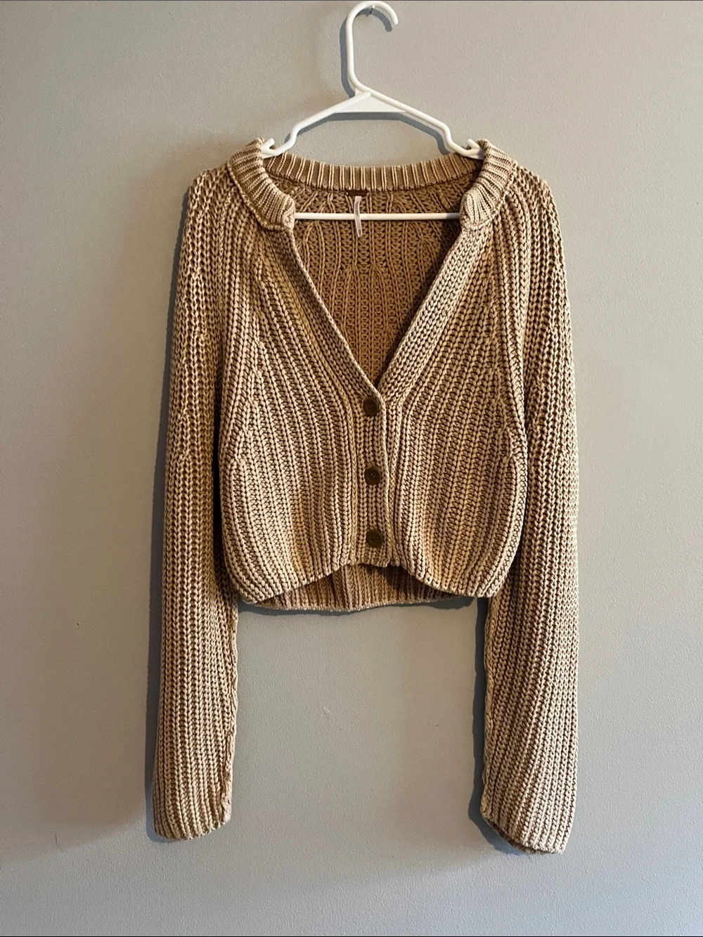 Free People Sweet Nothing Cotton Cardi Sandcastle Chunky Cropped Sweater SZ XS